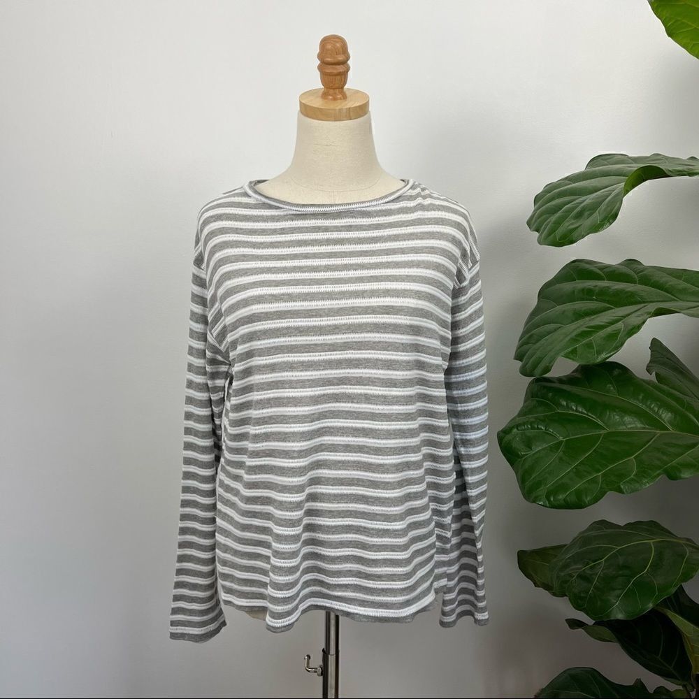 Reiss White Grey Striped Knit Tee Button Back Small
